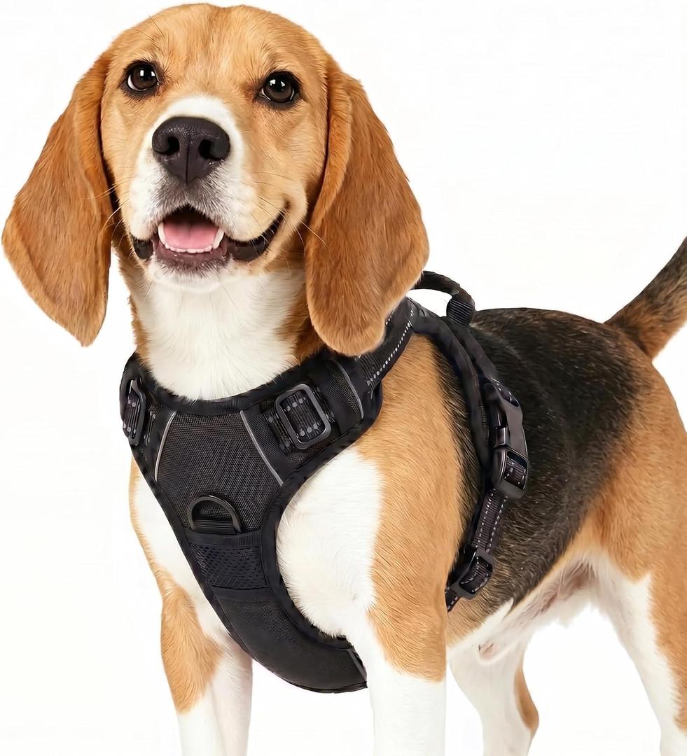 Funfox No Pull Dog Harness, Adjustable Pet Vest with Control Handle & Front Clip, Reflective Design for Small Medium Large XL Dogs, Black M