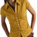 Women's Short Sleeve Button Down Shirt Summer Collared Blouse Trendy Casual Tops 2026 (L)