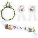 Xinnun 4 Pieces Mom to Be Sash Baby Shower Decoration Woodland Animal Themed Sash for Mommy and Dad Corsage Pin with Sage Green Leaf Flowers Crown for Baby Shower Party Favors Gender Reveal (White)
