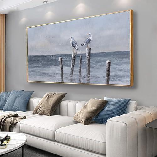 Canvas Wall Art Ocean Art Wall Decor Bird Pictures Gray Blue Framed Artwork for Living Room Bedroom Bathroom Office Home Decor Can Be Hung Directly 20"x 40"Home Decorations