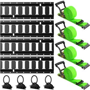 Trekassy E Track Tie-Down Rail Kit, 4 Pack 16 Inch(1.3ft) Etrack Rails with 4 E-Track Ratchet Straps(12ft) & 4 Steel O-Ring Anchors for Trucks, Vans, Garages, Trailer Tie Down System