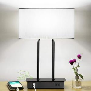 Bedside Touch Control Table Lamp with Dual USB Charging Ports 1 AC Outlet, 3 Way Dimmable Modern Nightstand Lamp with White Fabric Shade, Desk Lamp for Bedroom Living Room Office with 5000K LED Bulb, Black