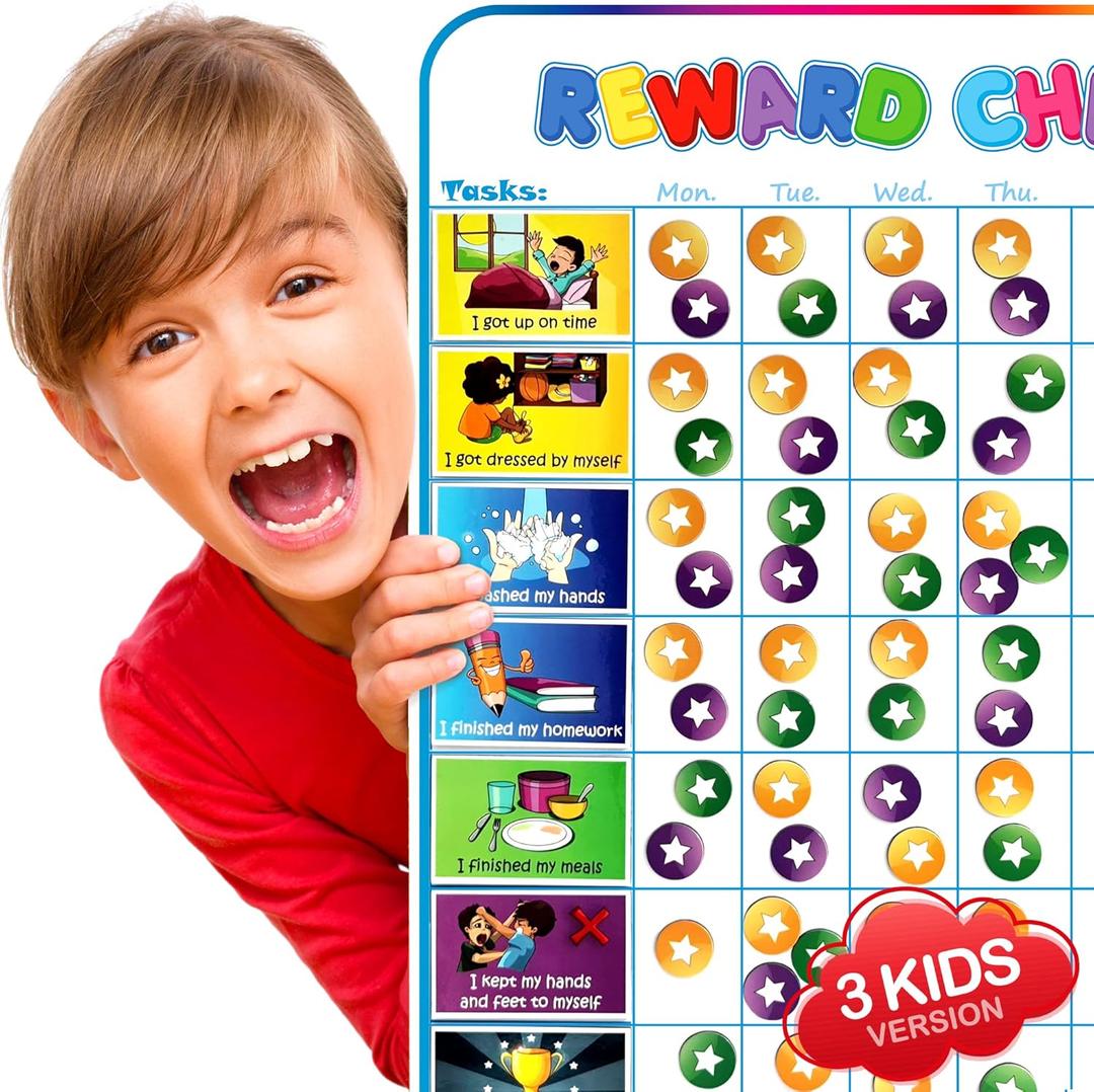Large Magnetic Reward Chart for Multiple Kids (1-3 Kids) - 127 Pre-Written Stickers (Including Potty Training) + 30 Custom Chores - Behavior, Responsibility & Incentive Star Chart for Your Fridge, 
