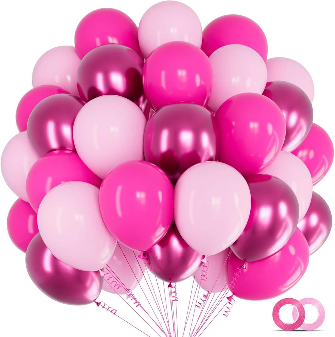 KAWKALSH 60pcs Pink Balloons Metallic, 12Inch Hot Pink Latex Balloon and Dark Magenta Balloons for Birthday Baby Shower Princess Party Decorations