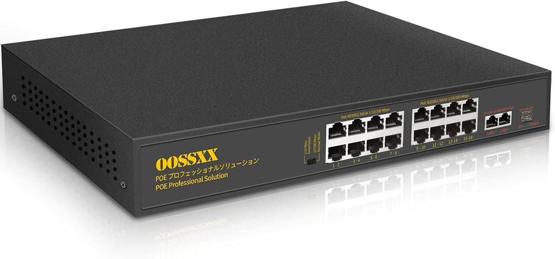 16 Port 100Mbps PoE+/ 2 Giga Up-Link Ports/ 1 Fiber SFP Port, 802.3af/at Unmanaged 300W Built-in Power, Extend Function, Metal, 19" Plug and Play