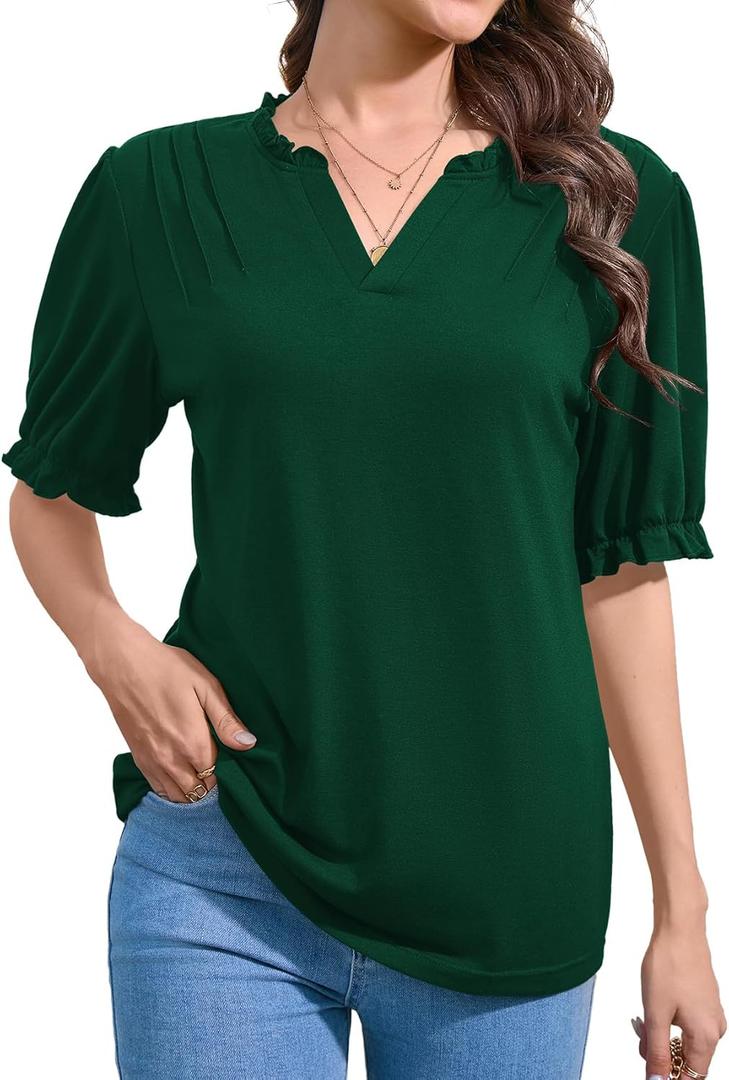 Womens Puff Short Sleeve Tops Summer V Neck Ruffle Collar T Shirt Business Casual Blouse Loose Casual Tshirts (Green, L)