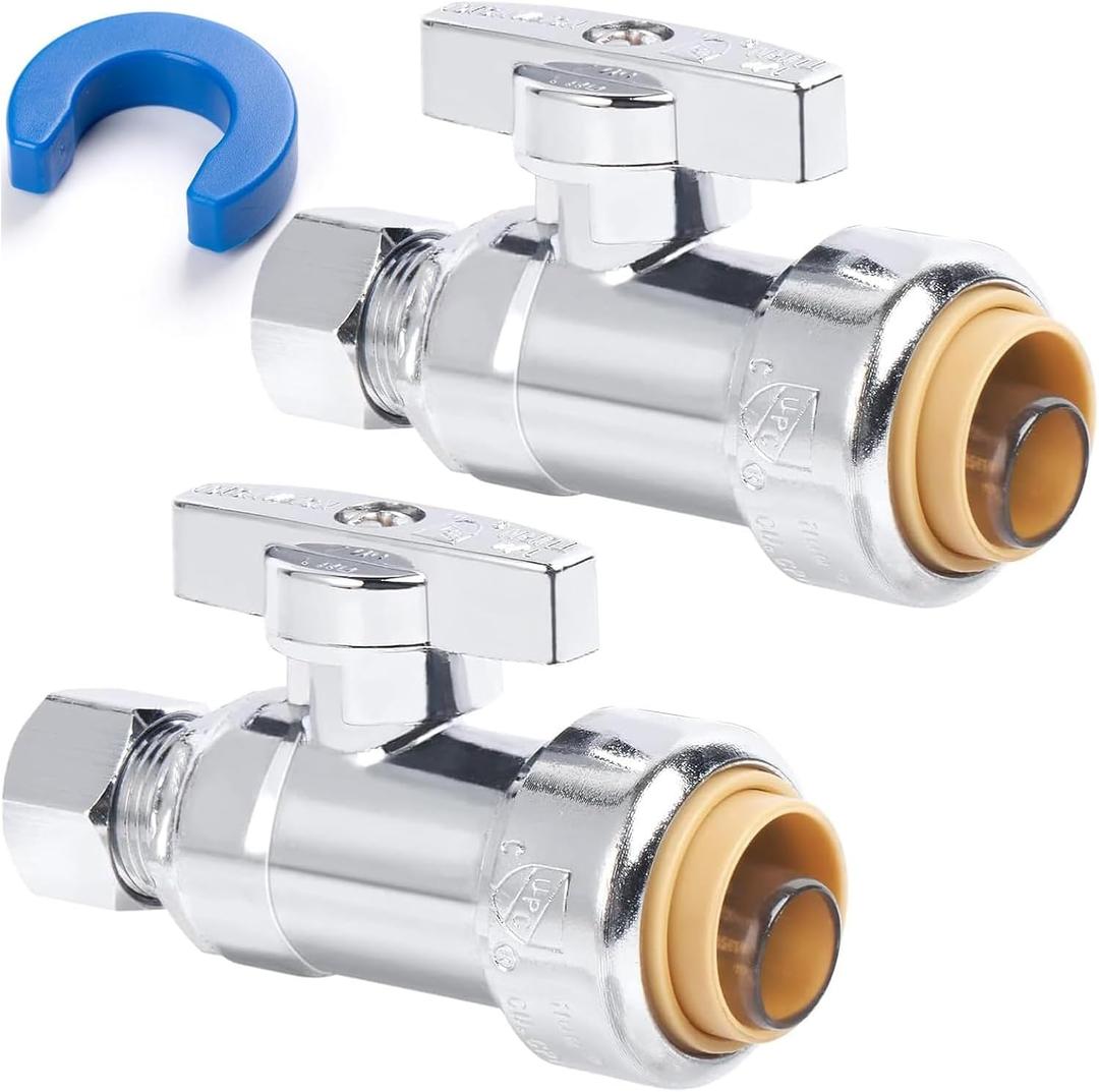 1/2" PTC x 3/8" OD Compression Straight Stop Valve, Toilet Water Shut Off for PEX, Copper, CPVC Pipe, Push to Connect Brass Plumbing Fitting with Quarter-Turn & Disconnect Clip, 2 Pack