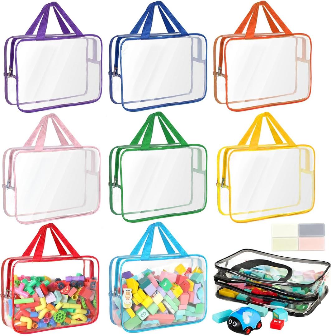 9 Packs Toy Storage Bags with Labels, Large PVC Reusable Board Game Storage Containers Clear Zipper Pouches Waterproof Travel Organizer Bags for Building Blocks, Puzzle, Kids Books, Stationery, Makeup