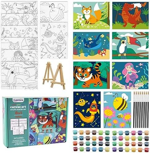 8 Packs Predrawn Canvas for Painting Kids Paint Canvas for Kids, 48 Paints, 8 Brushes 2 Easels, 8 6x8 Printed Canvas for Girls Boys and Beginners