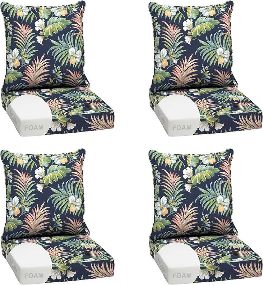 Arden Outdoor Foam Deep Seat Cushion Set (4-Pack), 24x24, Premium High-Density Foam, Never Flattens, Weather-Proof for Patio Chair Sofa Couch, Simone Blue Tropical