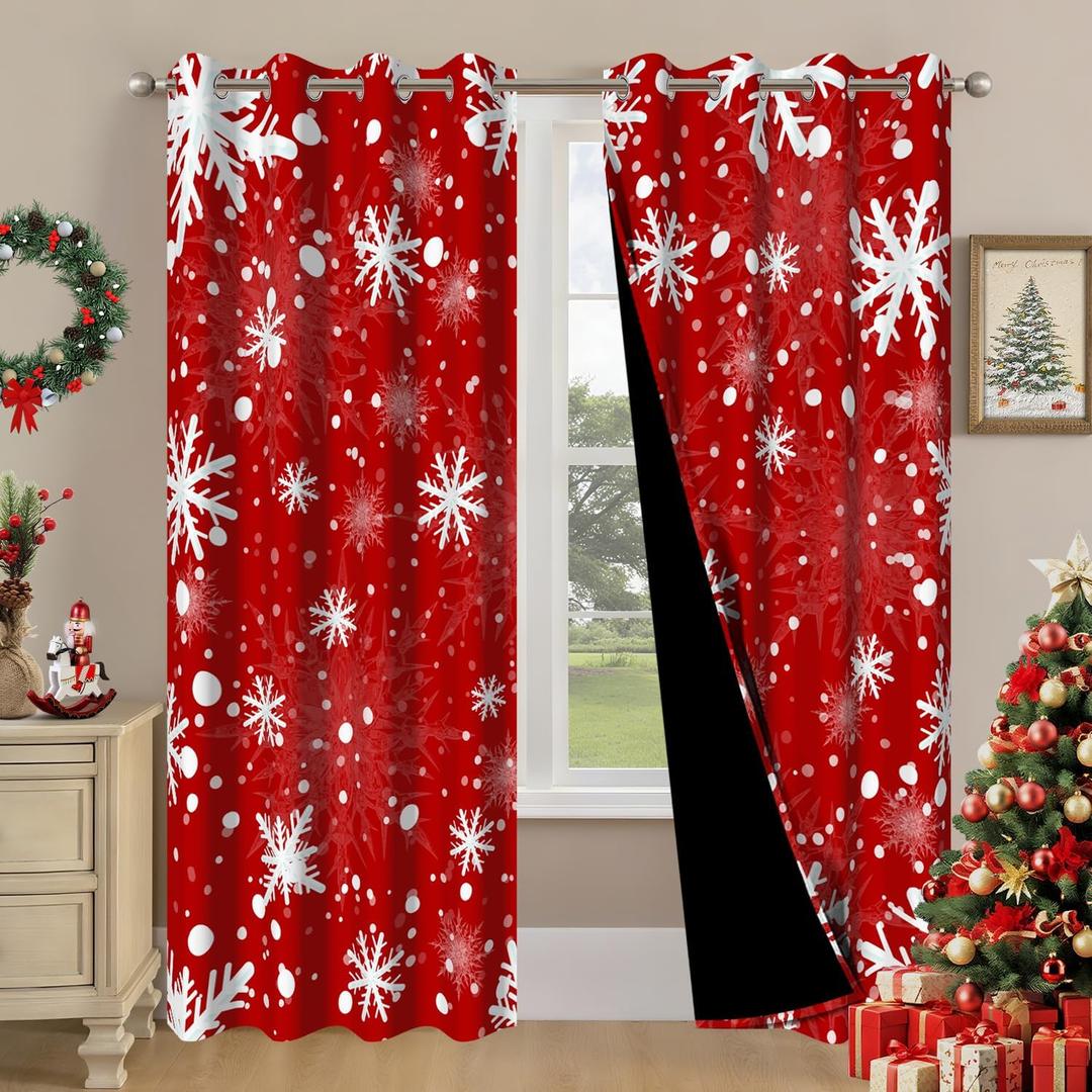 DASHAN Red Christmas Blackout Curtains for Bedroom Living Room 84 inch Length 2 Panels Set, Xmas Snowflake Room Darkening Curtains Snow Winter Thermal Insulated Curtains Window Drapes 52Wx84L