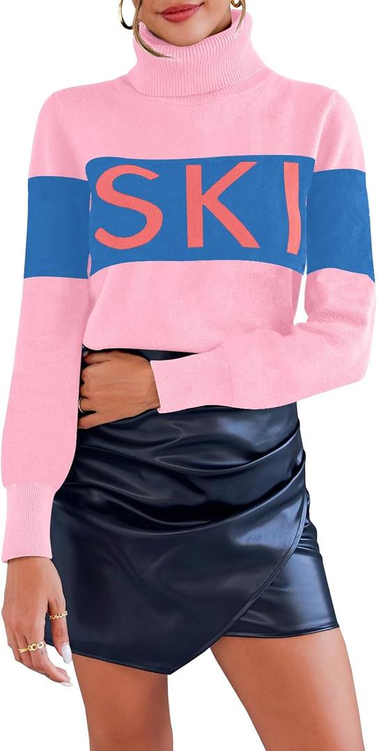 Ybenlow Women Sweaters Color Block Turtleneck Tops Comfy Winter Blouse 2024 Ski Sweaters Tight Knit Outfits Shirts XL