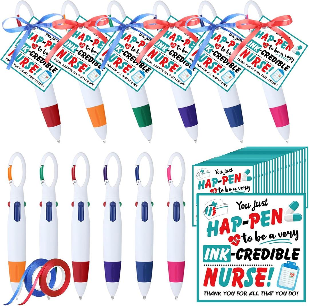 24 Pack Nurse Badge Pens Bulk 4-in-1 Nurse Appreciation Gifts Ballpoint Retractable Shuttle Pens with Nursing Week Tags for Student Medical Prizes Exchange Hospital Party Favors Supplies