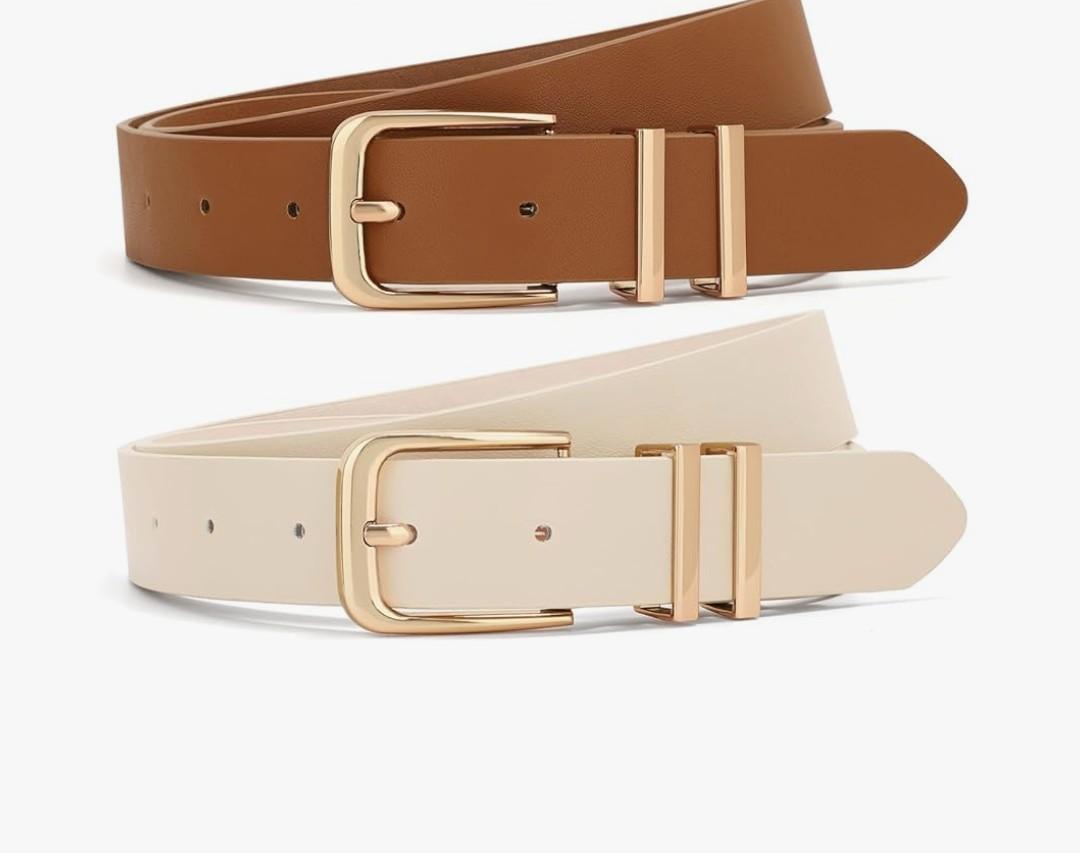 XZQTIVE 2 Pack Women Belts For Jeans Dresses Pants Ladies Leather Waist Belt with Gold Buckle