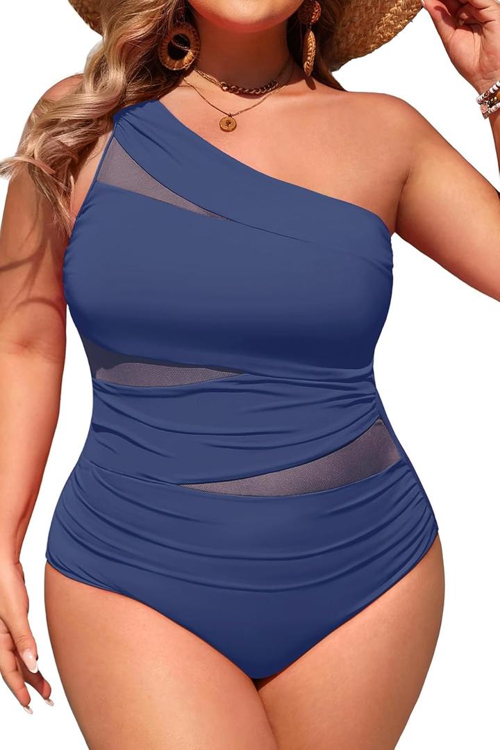Aqua Eve Plus Size One Piece Swimsuit for Women Tummy Control Bathing Suits One Shoulder Swimwear (Ash Blue, 16W)
