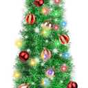 5 Ft Pop Up Christmas Tinsel Tree with Timer Warm White & Multi Color Change Lights Battery Operated Pencil Christmas Slim Tree with 25 Ball Ornaments & Star Xmas Home Indoor Holiday Decor (Green)