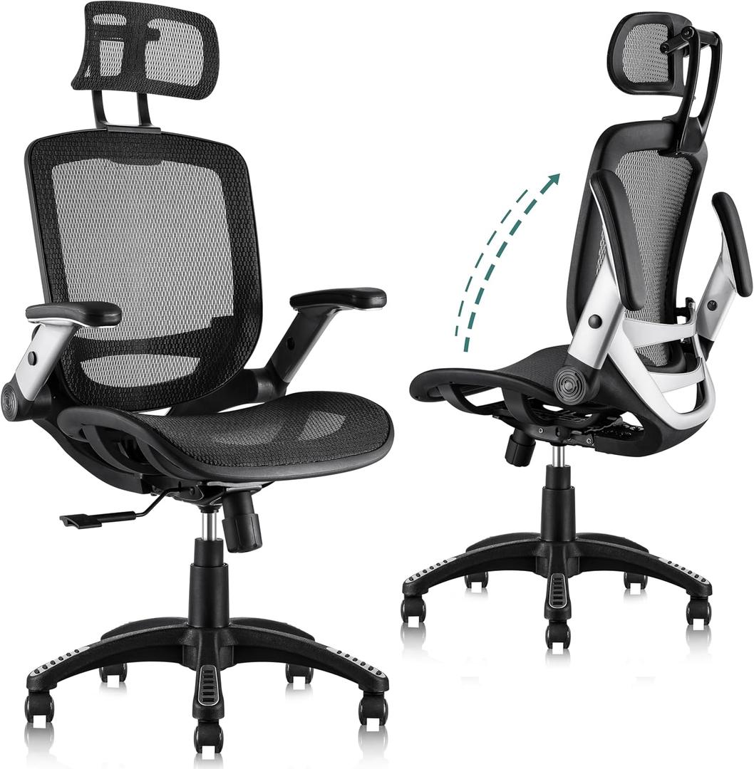 GABRYLLY Ergonomic Office Chair, High Back Home Desk Chair with Headrest, Flip-Up Arms, 90-120 Tilt Lock and Wide Cushion, Big and Tall Mesh Chairs for Man Woman, Black Task Chair