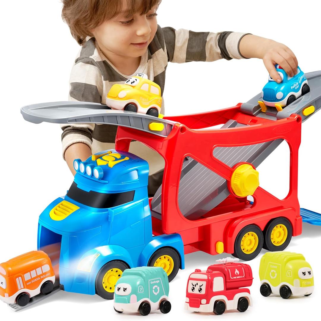 Vroomix JOVA Extra Large Toy Trucks for Toddlers, 3-Layer City Trucks for Kids, 7-in-1 Big Transport Carrier Truck with Siren & Lights and 6 Toy Cars, Birthday Gifts for Boys