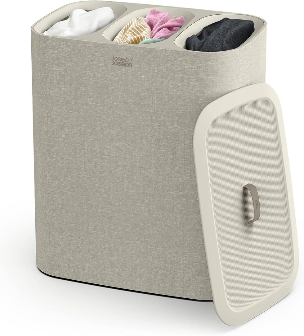 Joseph Joseph Tota - Trio 90-liter Laundry Hamper Separation Basket with lid, 3 Removable Washing Bags with Handles- Ecru (90L)