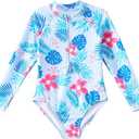 Angel season Girls Long Sleeve Swimsuits One Piece Rash Guard Bathing Suit UPF50+ Toddler Kids Zipper Swimwear Size 7-8Y