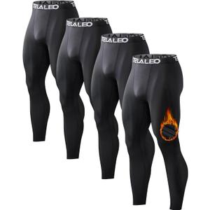 Pack of 4 Men's Thermal Compression Pants Fleece Lined Sports Tights Athletic Leggings Cold Weather Baselayer Winter Gear (Large, Black)
