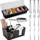 Tessco Garnish Tray with Lid Bar Caddy Ice Cooled Condiment Serving Container with Stainless Steel Ice Scoop 3 Metal Mini Serving Tongs 3 Fruit Fork 3 Spoons for Food Home Party Kitchen(6 Grids)