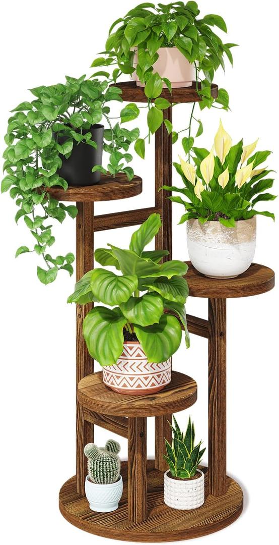 LASZOLA Black 4 Tiered Wooden Plant Stand Indoor with Heavy Duty Planter, Large Multiple Level Vertical Flower Rack for Narrow Corner, Sturdy Rustic Shelving Organizer Holder for Modern House Bathroom (Brown)