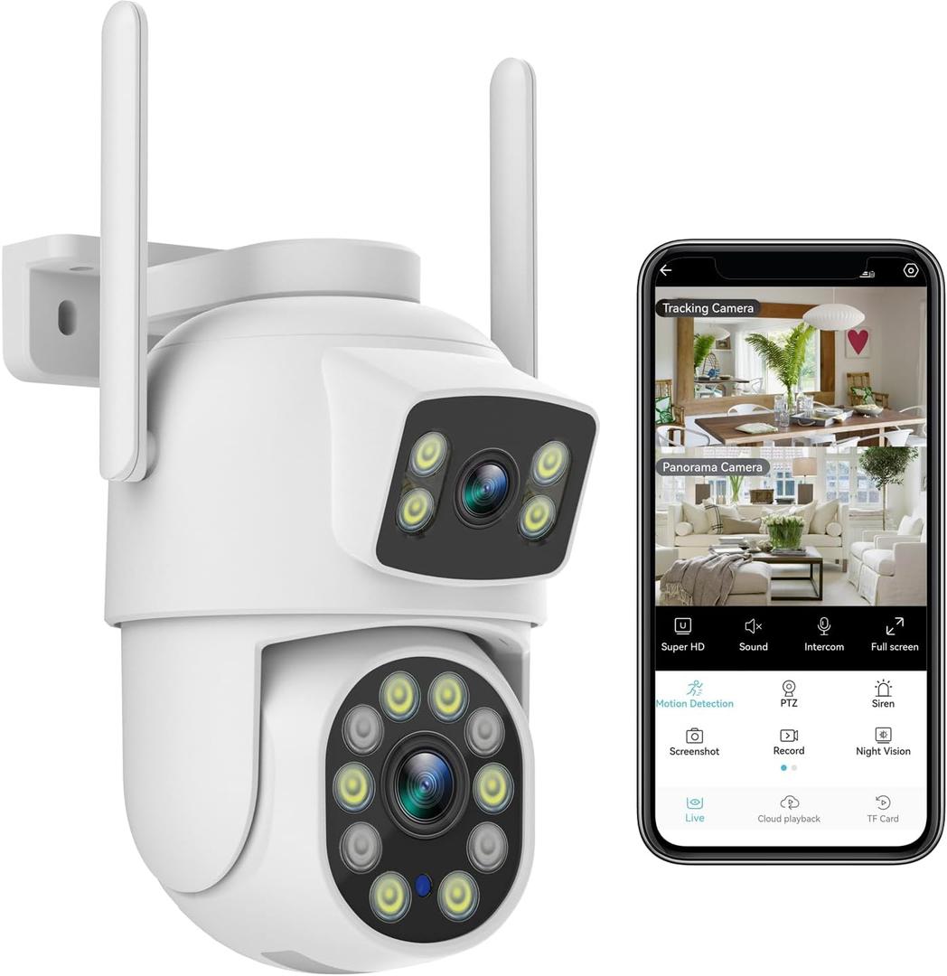 2K Dual Lens Outdoor Security Camera, 360 View Pan/Tilt 2.4G WiFi Wireless Linkage Cameras for Home Security, Home Surveillance Camera with Auto Tracking, Color Night Vision, Two-Way Audio