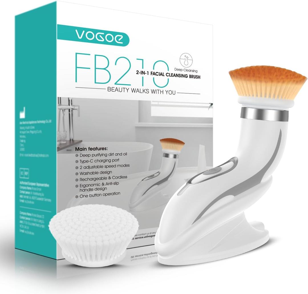 VOGOE Facial Cleansing Brush-Spin Face Scrubber Exfoliator Rechargeable, 2-Speed Rotation, Electric Face Wash Brushes for Cleansing and Exfoliating, with 2 Brush Heads, Grey