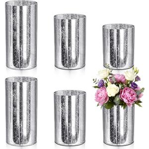 6 Pcs Silver Cylinder Vases for Centerpieces Mercury Vase Hurricane Vase Bulk Acrylic Round Wide Container for Flowers Home Office Wedding Table Decorations (4''/6''/8'')