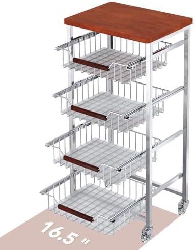 5-Tier Rolling Fruit & Vegetable Storage Cart with Drawers, Extra-Thick Metal Kitchen Organizer Cart on Wheels, Fruit Basket Stand& Fruteros para Cocina, Narrow Pantry Cart for Storage