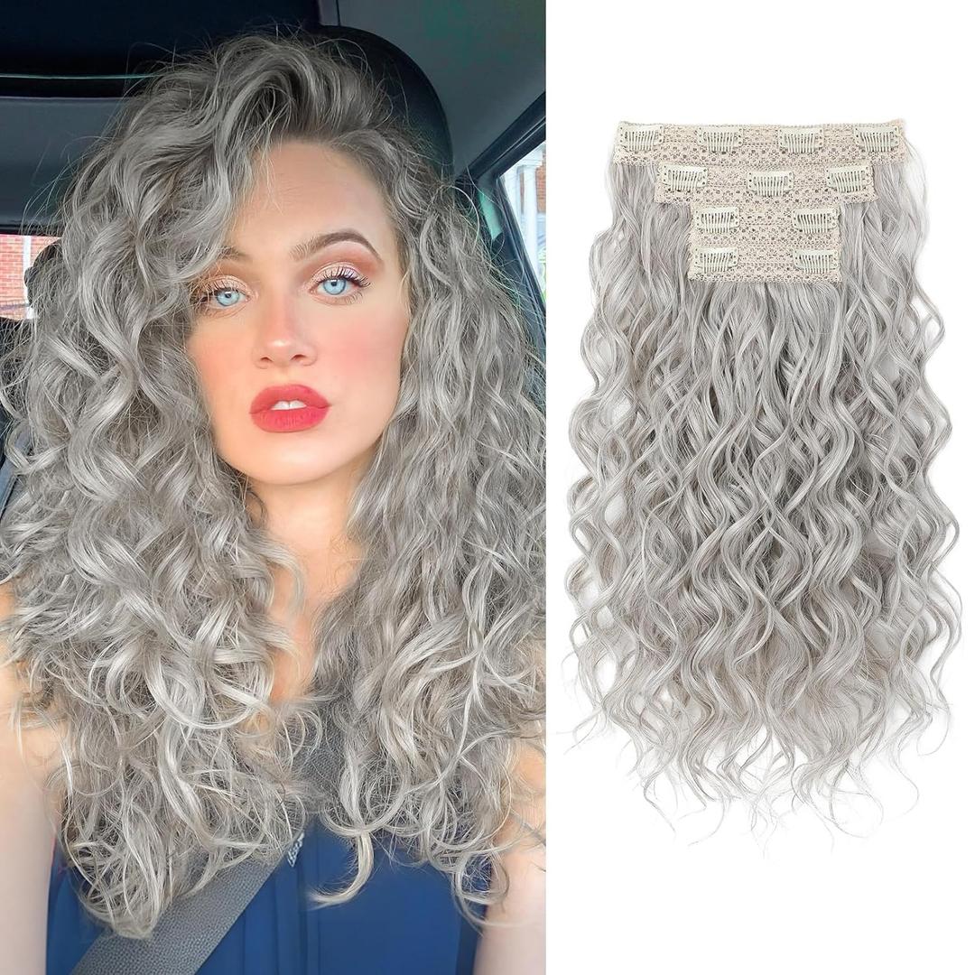 REECHO Curly Hair Extensions, 4PCS 16 inch Clip in Hair Extensions Lace Weft Short Curly Hair Extensions Clip Ins Invisible Natural Hairpieces for Women, Silver Grey