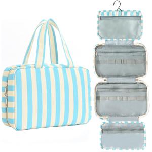 Toiletry Bag for Women Travel Water-resistant Cosmetic Bag Fashion Stripes Makeup Bag with Hanging Hook Preppy for Store Toiletries Cosmetic Accessories Medium Blue