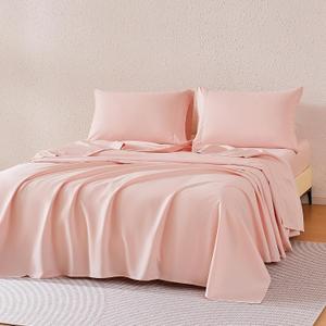 Amazon Basics Sheet Set Cationic Microfiber 4-Piece Bedding Set, Wrinkle Free and Easy Fit, Easy Care Bedding with 1 Deep Pocket Fitted Sheet, 1 Flat Sheet, and 2 Pillowcases, Full, Pink