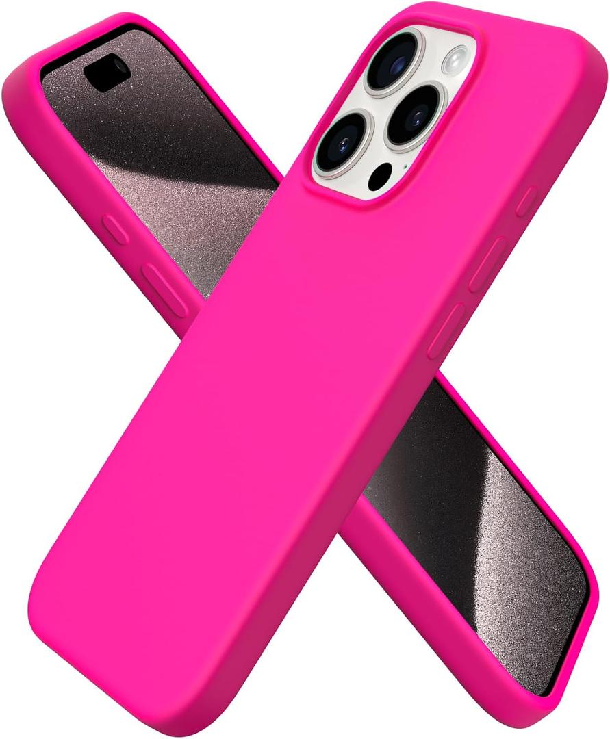 ORNARTO Compatible with iPhone 15 Pro Case 6.1", Liquid Silicone 3 Layers Full Covered Soft Gel Rubber Cover, Shockproof Protective Slim Phone Case with Anti-Scratch Microfiber Lining-Hot Pink