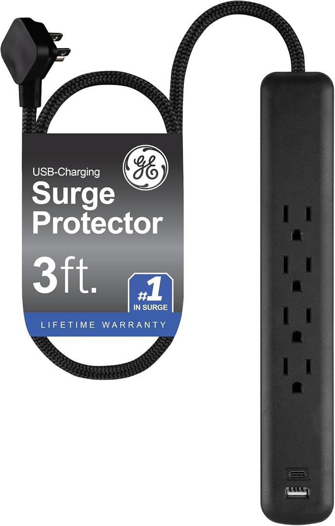 GE Surge Protector Power Strip, 4 Outlets, 1 USB-C & 1 USB-A Port (12W), 490J Protection, 3FT Braided Extension Cord, Flat Plug, Wall Mount, ETL Listed, Black, 84467