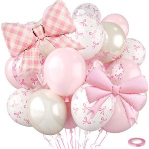 Bow Balloons,Light Baby Pink White Balloon with Bow Foil Balloon,for Women Birthday Party Bachelorette Bridal Engagement Coquette Theme Wedding Anniversary Supplies