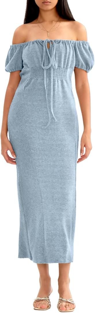 CHERFLY Women's Long Dress 2025 Summer Short Sleeve Smocked Midi Dress Loose Casual Off The Shoulder Maxi Dress, XL