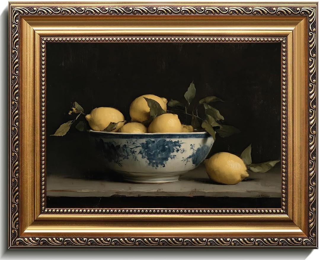 RETRART Vintage Lemon Wall Decor Lemon Still Life Canvas Art Print in Antique Gold Frame Vintage Fruit Painting, Rustic Farmhouse Kitchen Decor, Ready to Hang Wall Art for Dining Room, 9x12 Inch