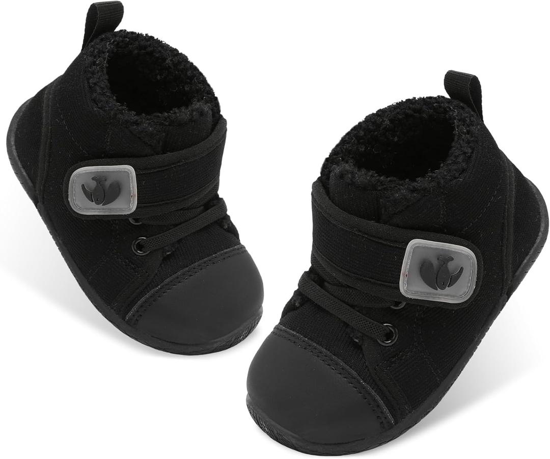 FEETCITY Baby Boots Boys Girls Infant Slippers Cozy Fleece Boots First Walking Shoes Warm Socks Newborn Crib Shoes (Black)