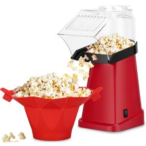 Hot Air Popcorn Popper Maker with Popcorn Bowl, Fast Popcorn Machine in Minutes with Measuring Cup and Butter Melting Tray for Party Kids, Bright Red
