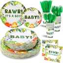 FillTouch 350 Pcs Dinosaur Baby Shower Party Favor Rawr Its a Boy Disposable Tableware Napkins Cups Knives Forks Spoons for 50 Guests Dino Birthday Party Decoration