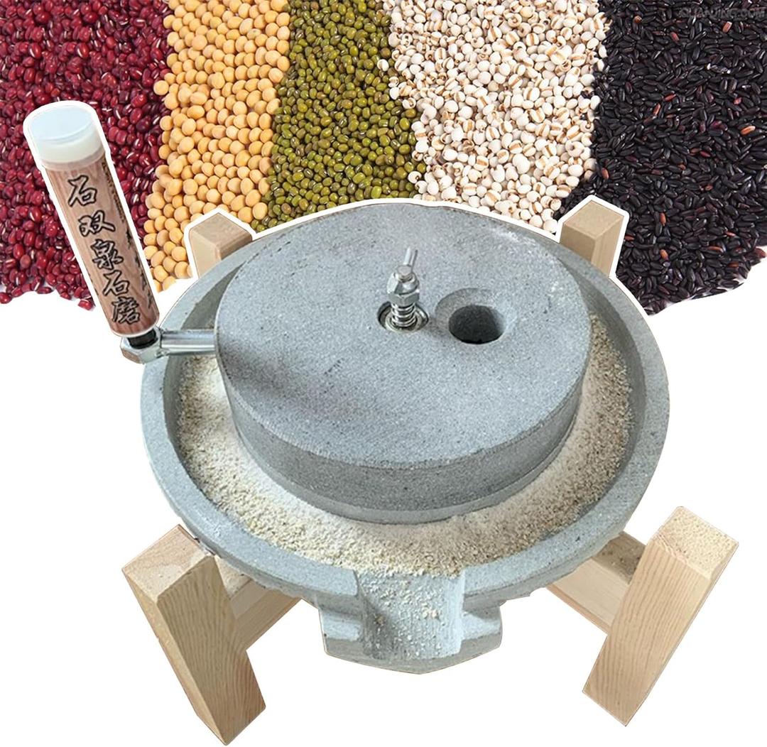 Hand Grain Mill Grinder for Flour, Manual Bluestone Food Pulverizer Dry/Wet Mills for Spice Barley Soybean, Classic Rice Paste (Stone Mill+Wooden Frame)