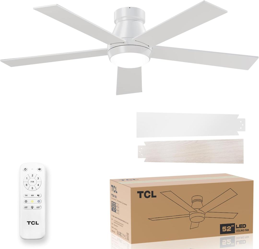TCL 52" White Ceiling Fan with Light and Remote, Modern LED 3-Color, 3CCT, Quiet Motor for Bedroom, Living Room, Dining Room, Ceiling Fans with Lights (White)