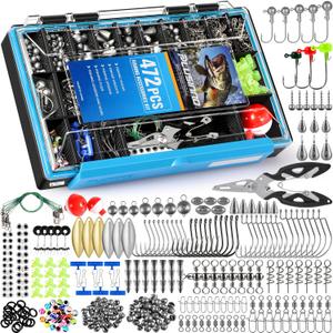 472PCS Fishing Accessories Kit, Waterproof Tackle Box with Tackle Included, Fishing Gifts for Men Included Hooks, Weights, Pliers,Fishing Gear and Equipment for Bass Trout