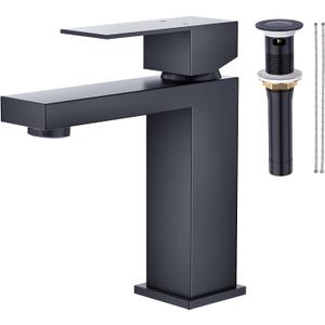 Faustina Black Bathroom Faucet 1 Hole,Single Handle One Hole Bathroom Faucet with Pop Up Drain Assembly,Centerset Vanity Faucet RV Bathroom Sink Faucet Stainless Steel Basin Faucet Restroom Faucet