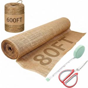 Tegeme 40 Inch x 80 ft Burlap Fabrics Roll with 600 ft Natural Jute Twine Rope Burlap Tree Wraps Protector Winter Frost Plant Blankets Cloth Weed Barrier for Outdoor Garden DIY Craft Party