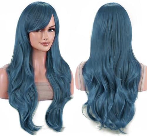 Amazon.com : IMISSU 28 Inch/70cm Long Hair Water Wavy Wigs with Bangs Cosplay Costume Wig (Midnight Blue) : Beauty & Personal Care