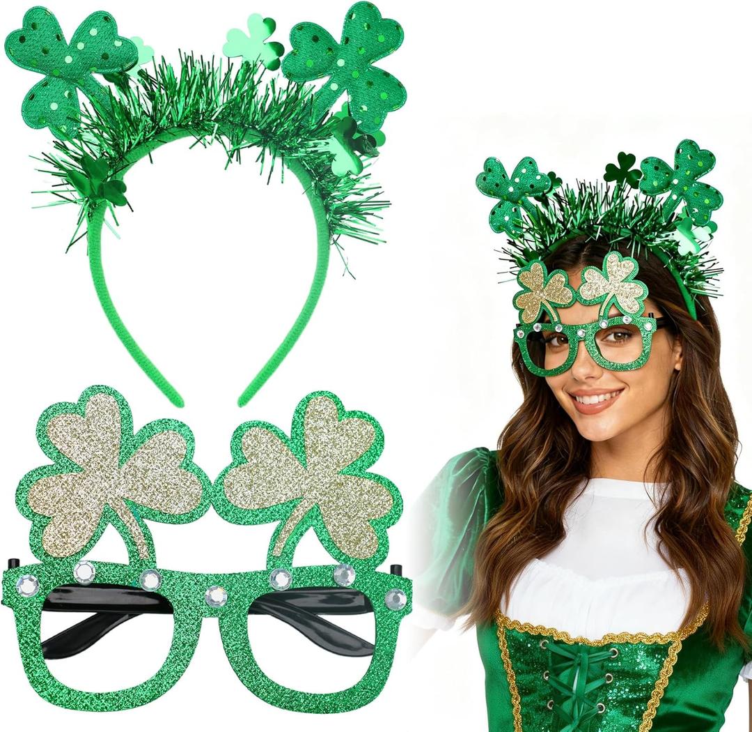 St. Patricks Day Decorations, 2 Pack Glitter Shamrock Headband & No Lens Eyeglasses Set for Saint Patricks Day Party Favors, Women Men Adults Festival Accessories