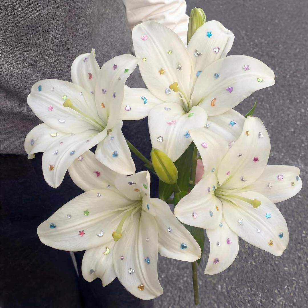 12 Bundles Lily Artificial Flower with 12 Head Full Bloom Lily & 24 Bud White Rhinestone Fake Flower Wedding Bridal Party Decor Home Hotel Bouquet Centerpiece Floral Arrangement